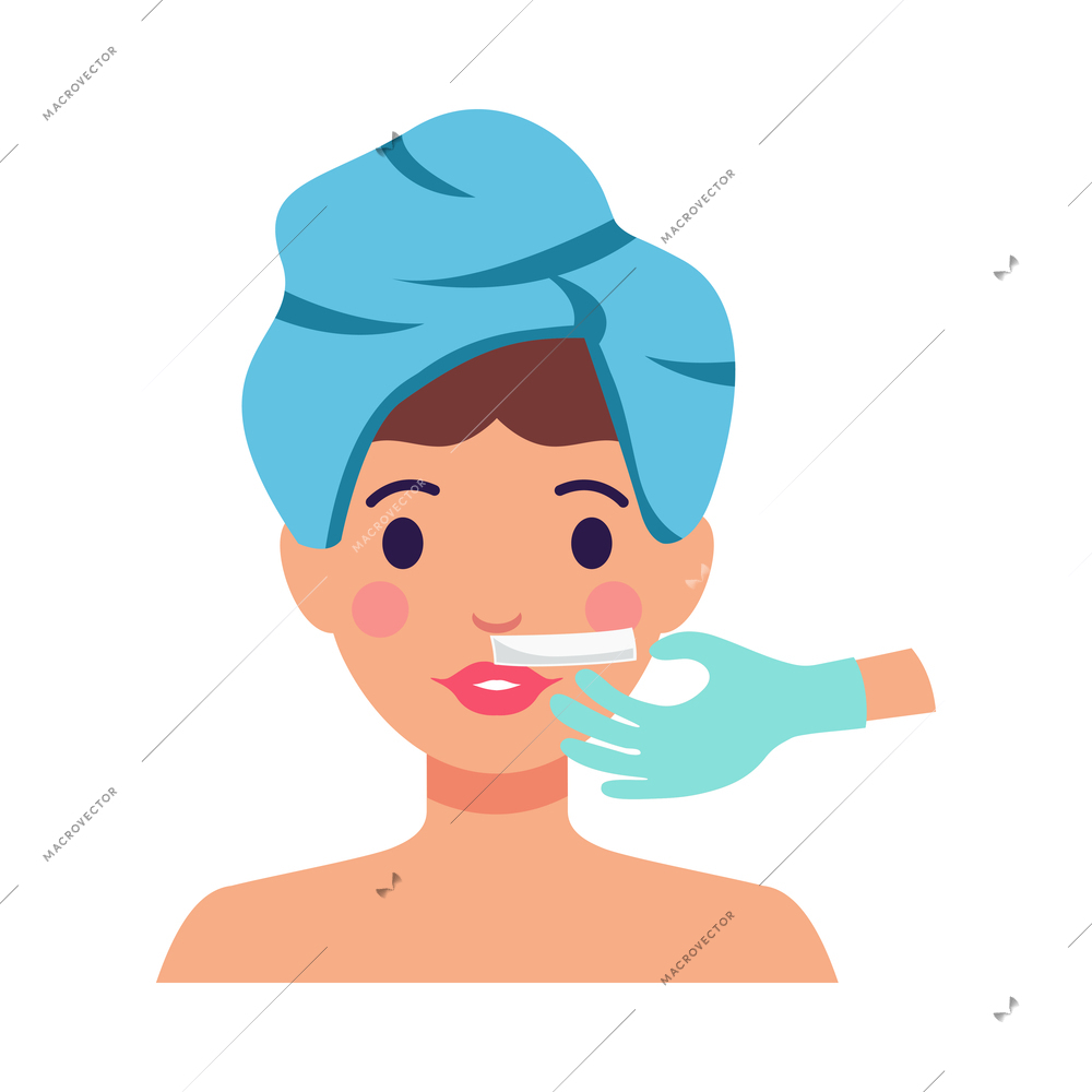 Young woman during procedure of hair removal with hot wax on lip area flat vector illustration