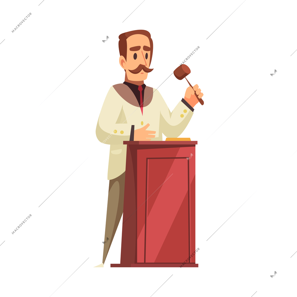 Male auctioneer with gavel flat vector illustration