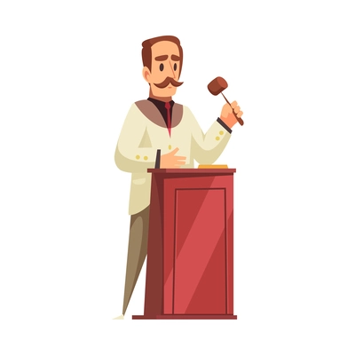 Male auctioneer with gavel flat vector illustration