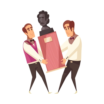 Two men carrying bust auction lot flat vector illustration