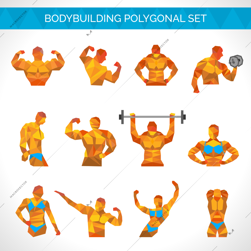 Bodybuilding muscle exercise male and female athletes polygonal icons set isolated vector illustration