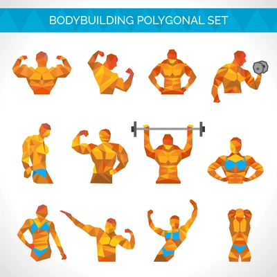 Bodybuilding muscle exercise male and female athletes polygonal icons set isolated vector illustration