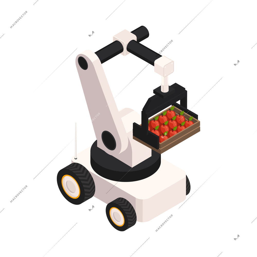 Smart farm technology isometric icon with robotic machine carrying crate with harvest 3d vector illustration