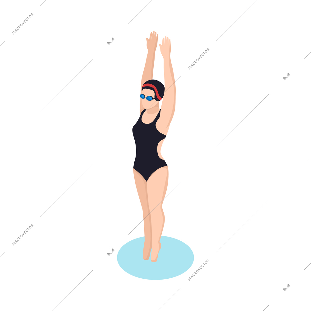 Isometric woman wearing black swimsuit and goggles in swimming pool 3d vector illustration