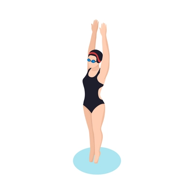 Isometric woman wearing black swimsuit and goggles in swimming pool 3d vector illustration