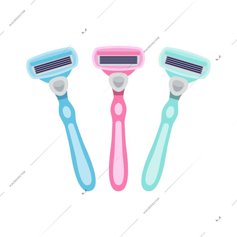 Three multi colored shaving razors for women flat vector illustration