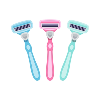 Three multi colored shaving razors for women flat vector illustration