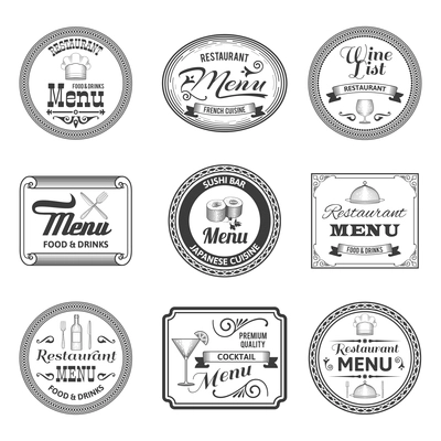 Retro restaurant cocktail sushi bar menu labels set isolated vector illustration