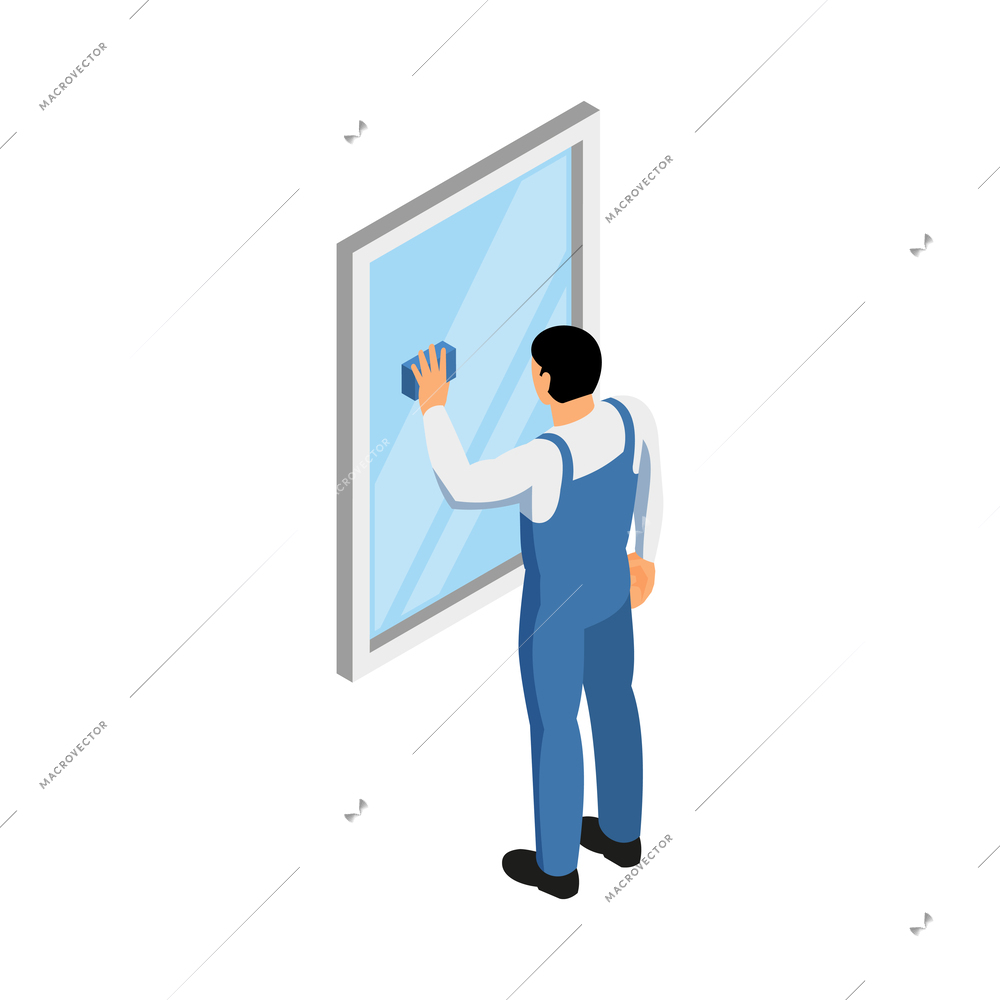 Male cleaning service worker in uniform washing window isometric icon 3d vector illustration