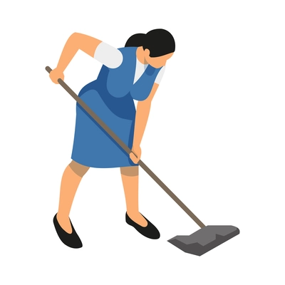 Isometric female cleaning service worker mopping floor with broom 3d vector illustration