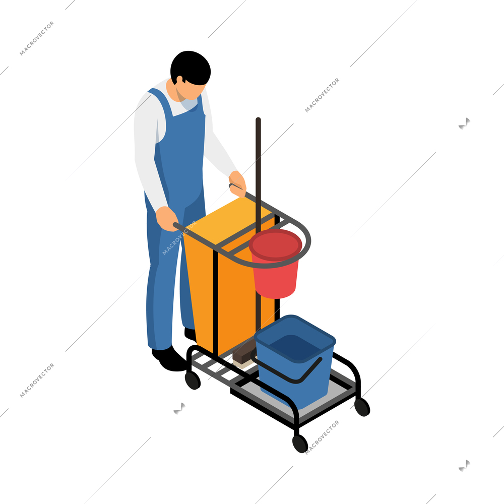 Isometric male cleaning service worker in uniform with tools for tidying up 3d vector illustration