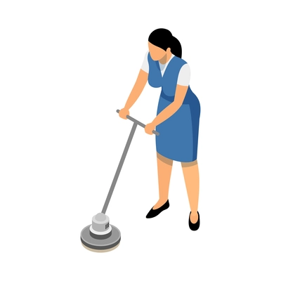 Female cleaning service worker polishing floor 3d isometric icon vector illustration