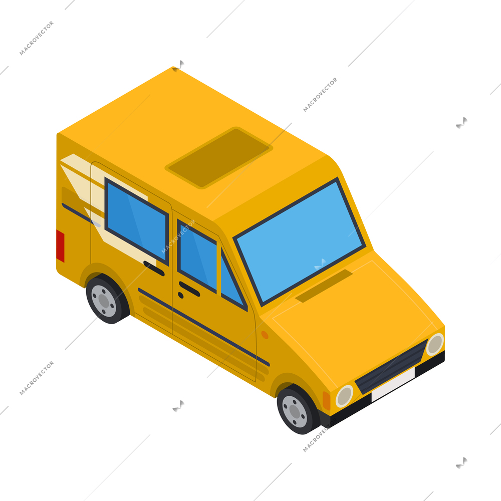 Isometric yellow delivery van on white background 3d vector illustration