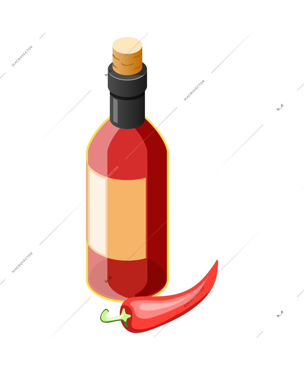 Chili pepper sauce in glass bottle isometric icon 3d vector illustration