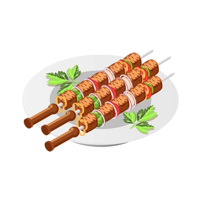 Cooked kebab with vegetables on skewers on plate 3d isometric vector illustration