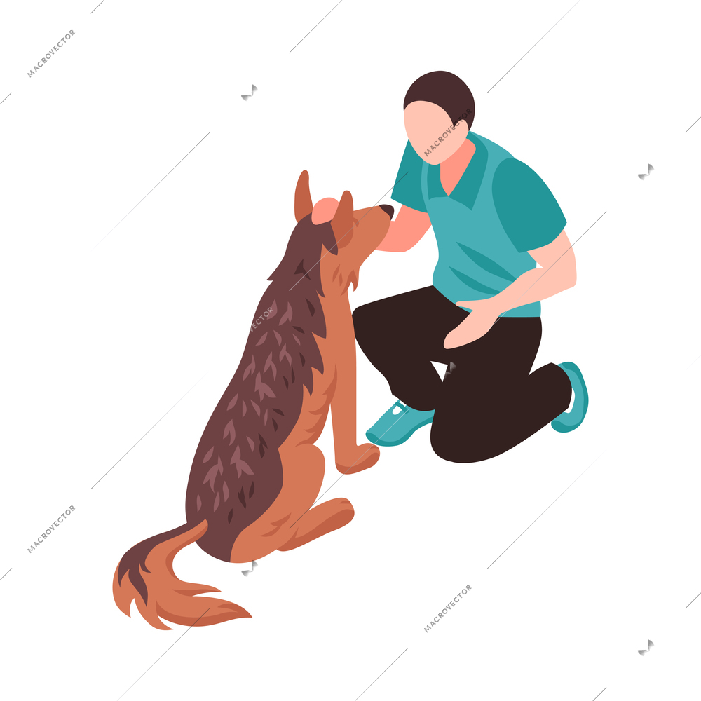 Isometric animal pet care icon with man stroking dog 3d vector illustration