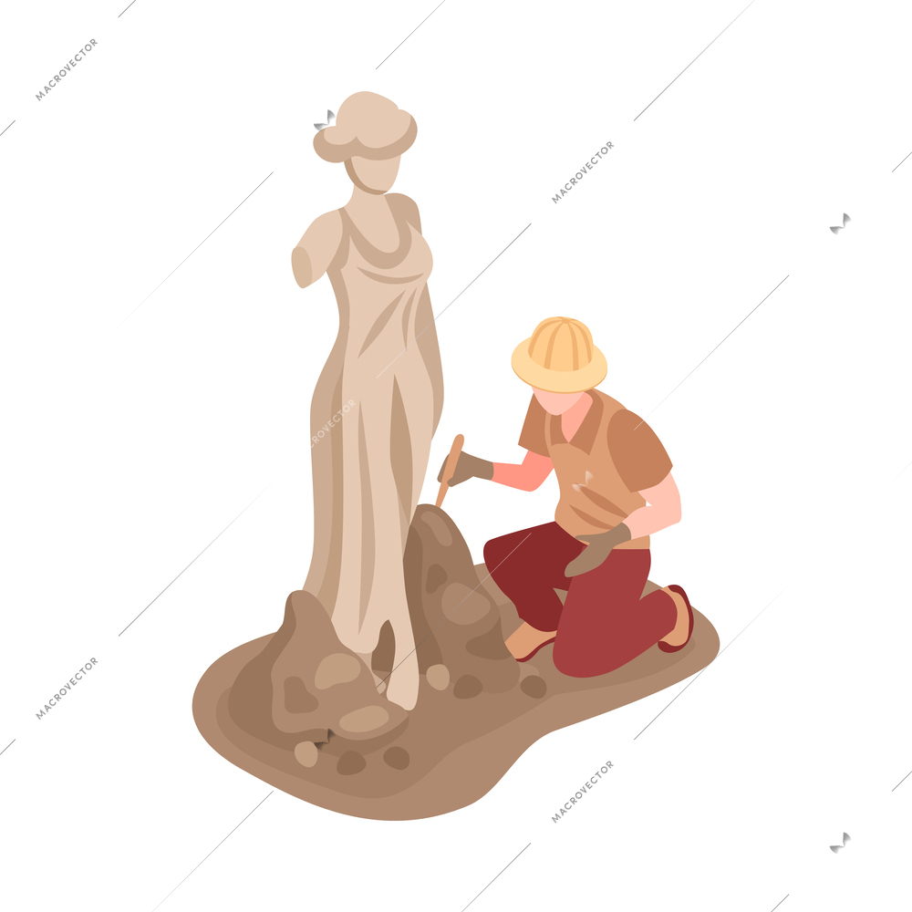 Archeologist during research of ancient artifacts at excavation site 3d isometric vector illustration