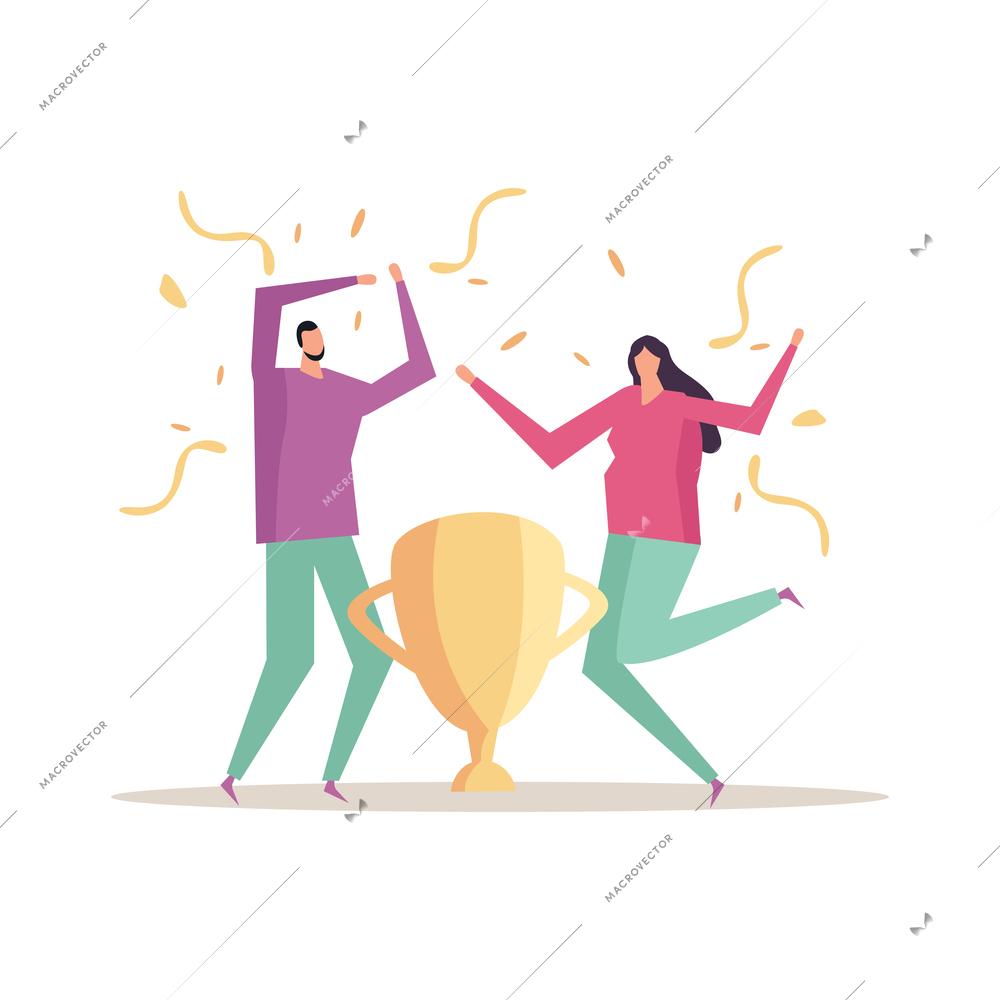 Success concept in flat style with happy dancing doodle human characters with golden cup vector illustration