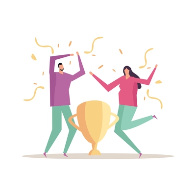 Success concept in flat style with happy dancing doodle human characters with golden cup vector illustration