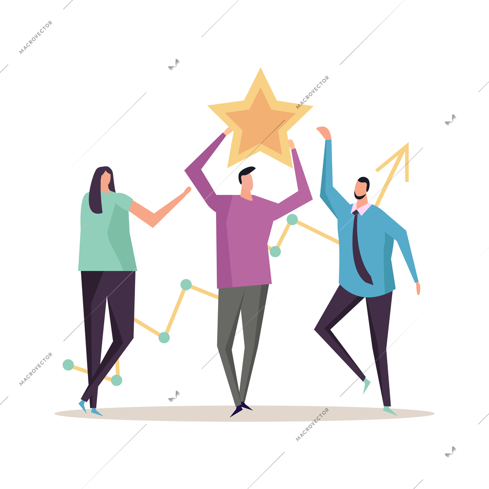 Flat concept of business success and teamwork with group of people holding star vector illustration