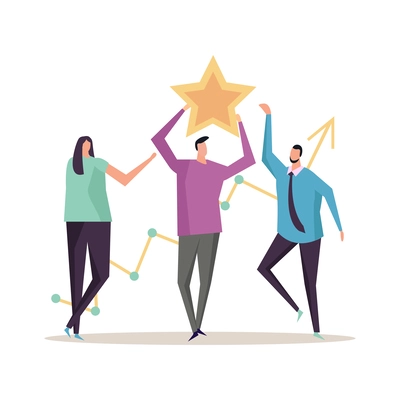 Flat concept of business success and teamwork with group of people holding star vector illustration