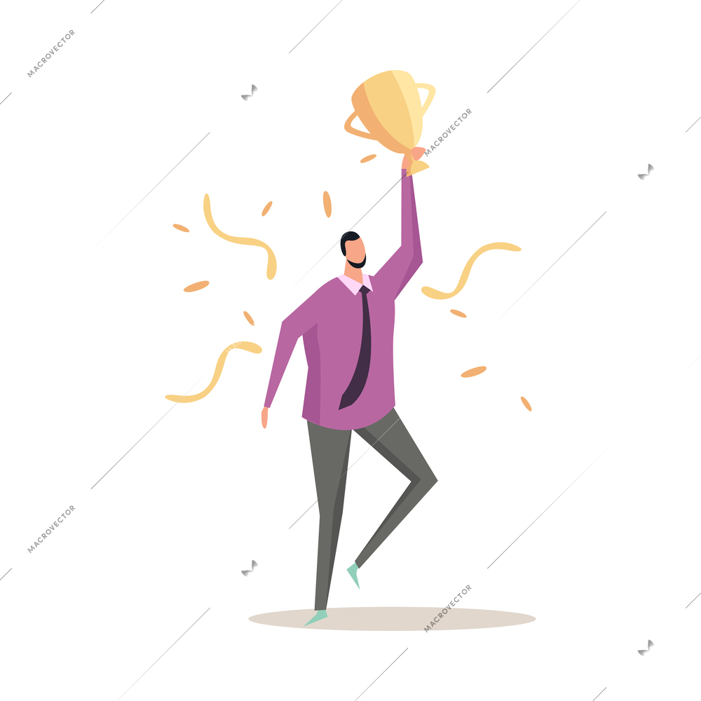 Business success flat concept with happy human character of winner holding golden cup vector illustration