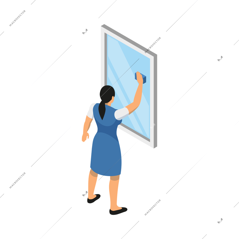 Cleaning service isometric icon with female worker washing window with sponge vector illustration