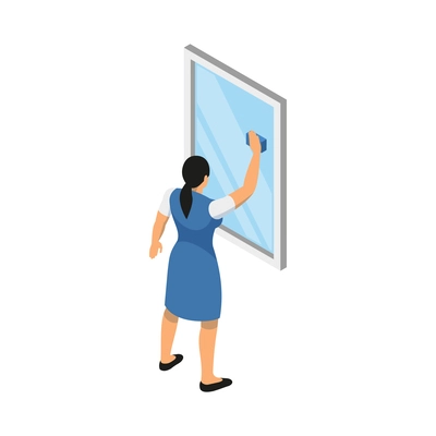 Cleaning service isometric icon with female worker washing window with sponge vector illustration