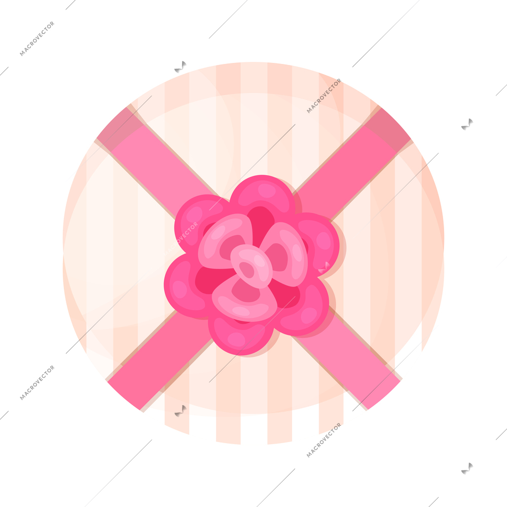 Flat round gift box with ribbon bow top view vector illustration