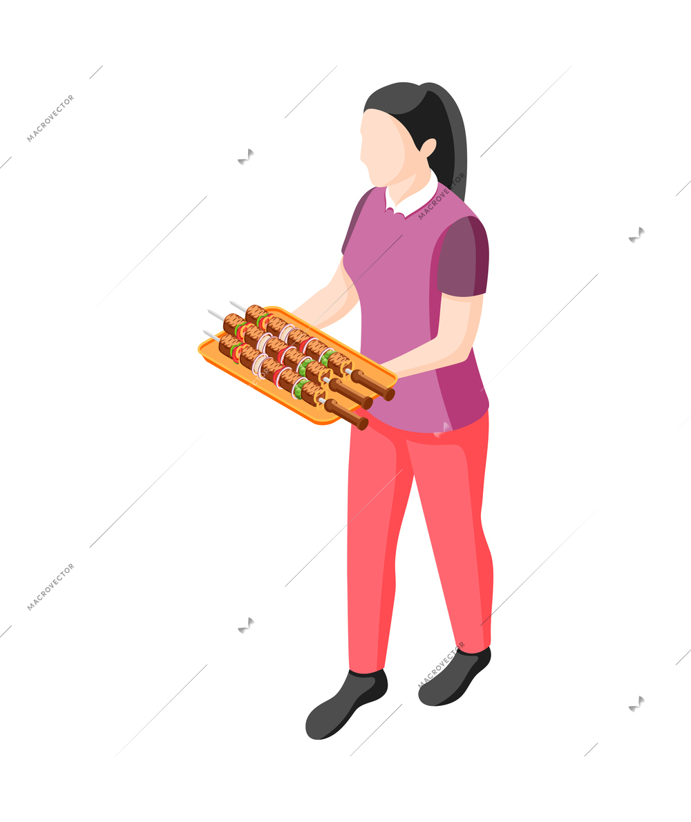 Barbecue party isometric icon with woman carrying skewers with kebab on tray 3d vector illustration