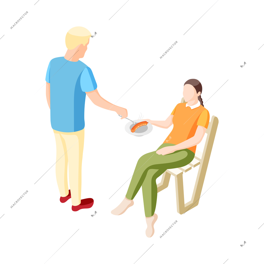 Bbq party isometric icon with man giving woman plate with grilled sausage 3d vector illustration