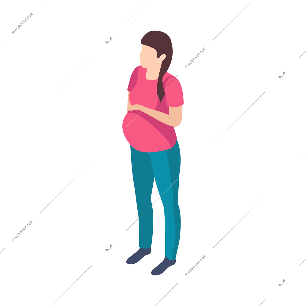 Isometric faceless character of young pregnant woman 3d vector illustration