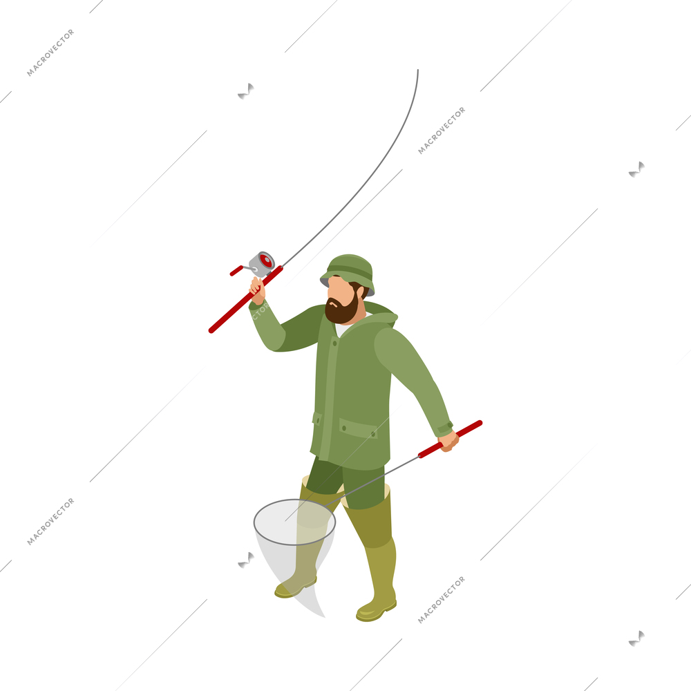 Isometric bearded fisherman with landing net and spinning 3d vector illustration