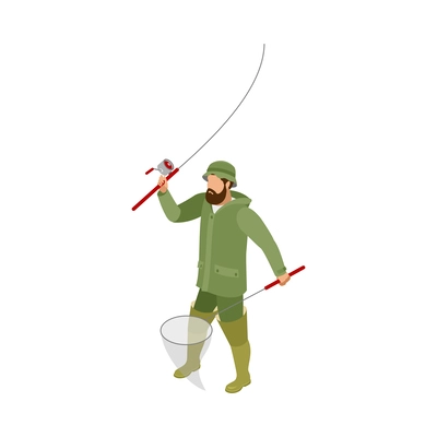 Isometric bearded fisherman with landing net and spinning 3d vector illustration