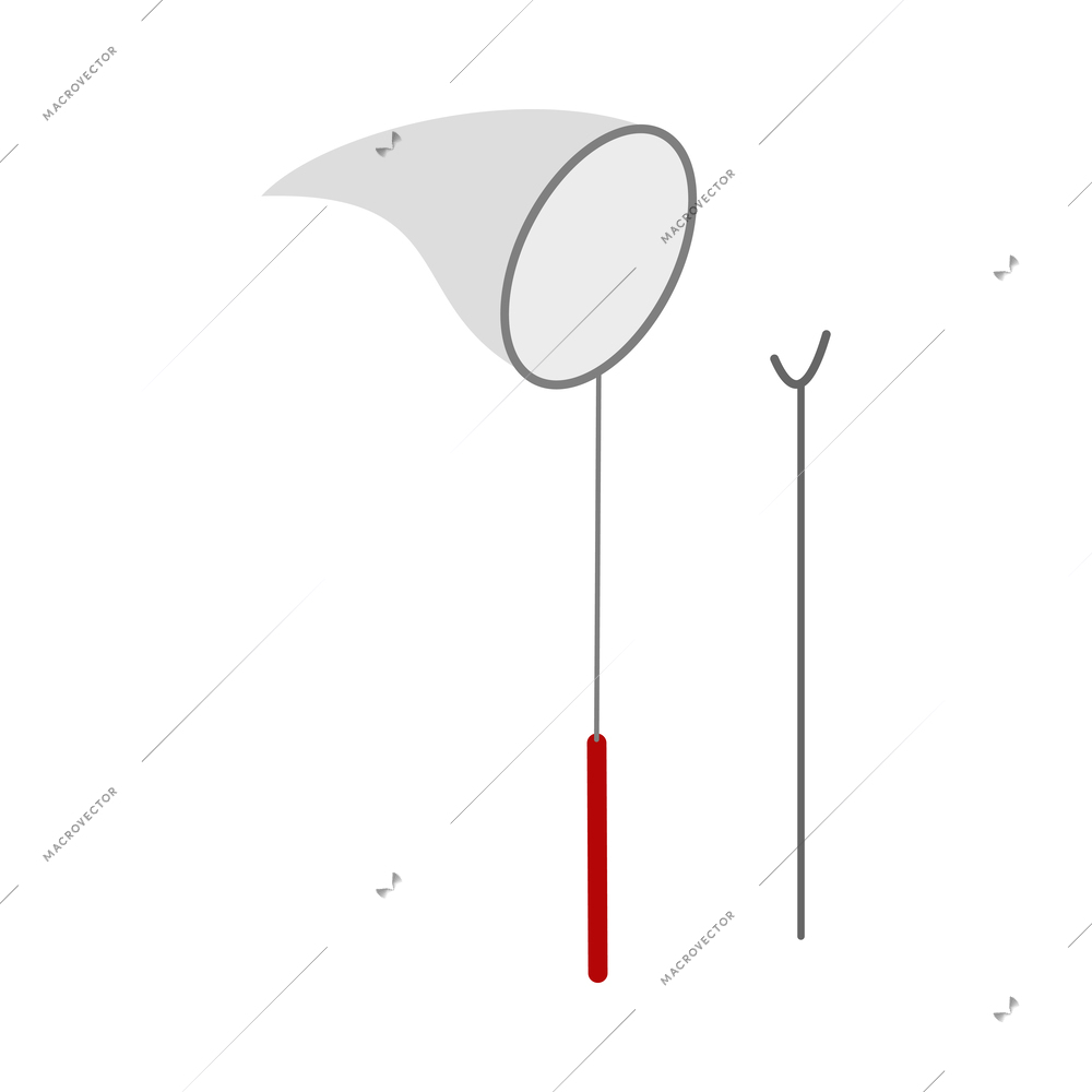 Isometric fishing tools with landing net and rod holder isolated vector illustration