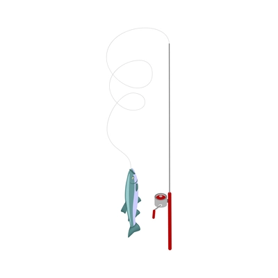 Spinning rod with fish isometric icon 3d vector illustration