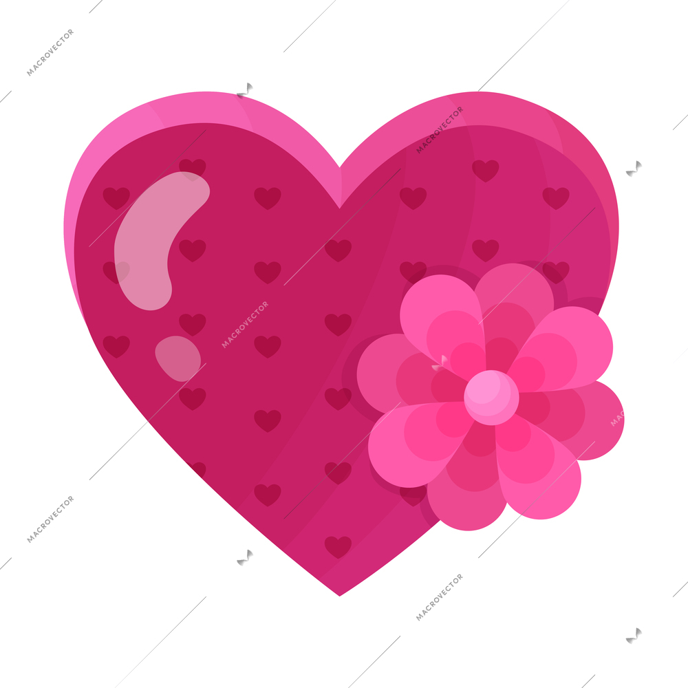 Flat pink heart shaped valentine day gift box with flower vector illustration