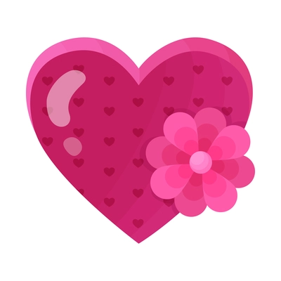 Flat pink heart shaped valentine day gift box with flower vector illustration