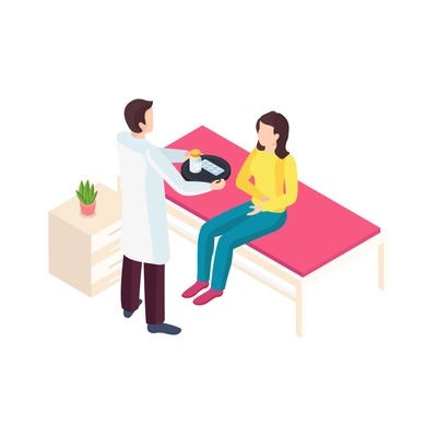 Women health care isometric icon with male doctor giving medication to female patient 3d vector illustration