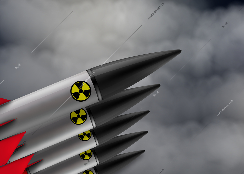 Row of nuclear rockets against dark sky with clouds realistic composition vector illustration