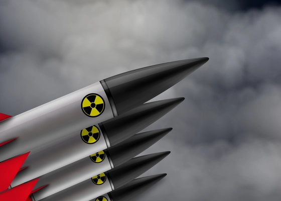 Row of nuclear rockets against dark sky with clouds realistic composition vector illustration