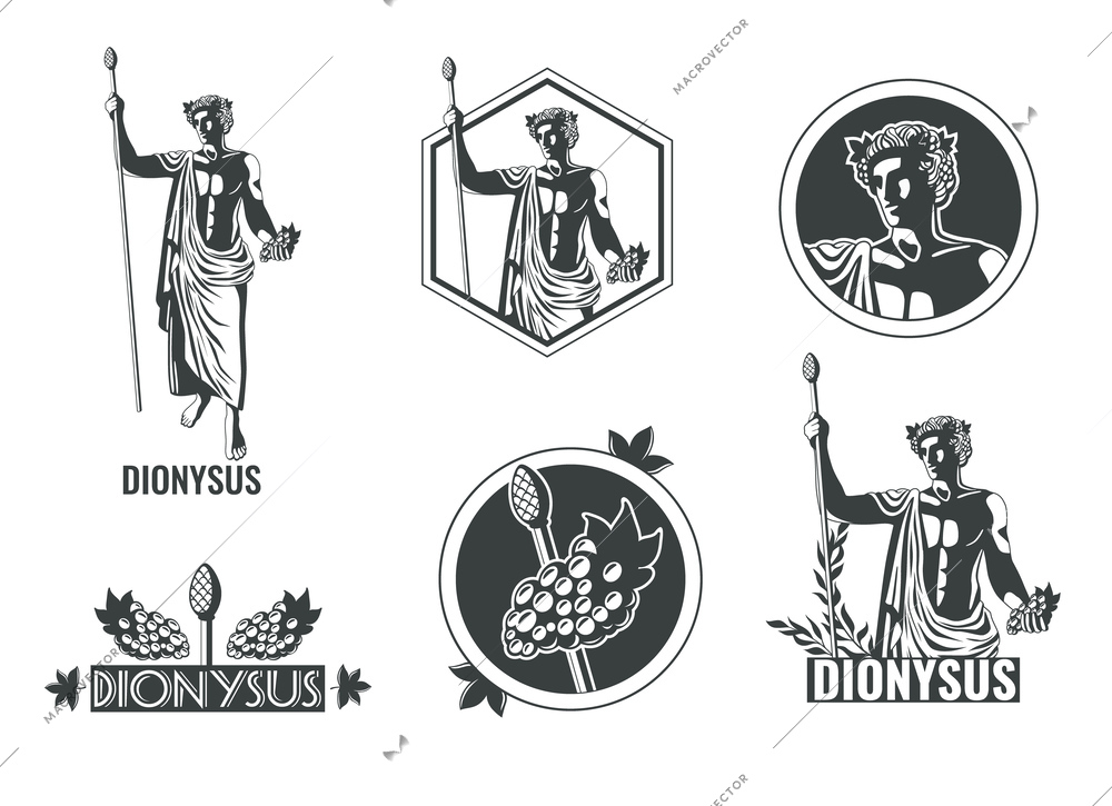 Greek olympian god dionysus flat black and white emblems design set isolated vector illustration