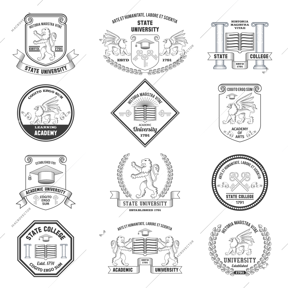 University labels crests sheilds and insignias set with lion griffin and graduation hat education symbols isolated vector illustration