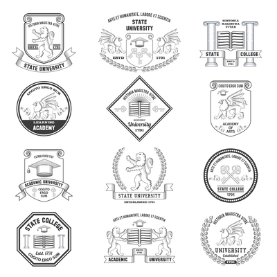 University labels crests sheilds and insignias set with lion griffin and graduation hat education symbols isolated vector illustration