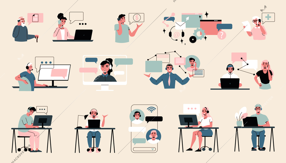 Call center flat icons set with consultants helping customers isolated vector illustration