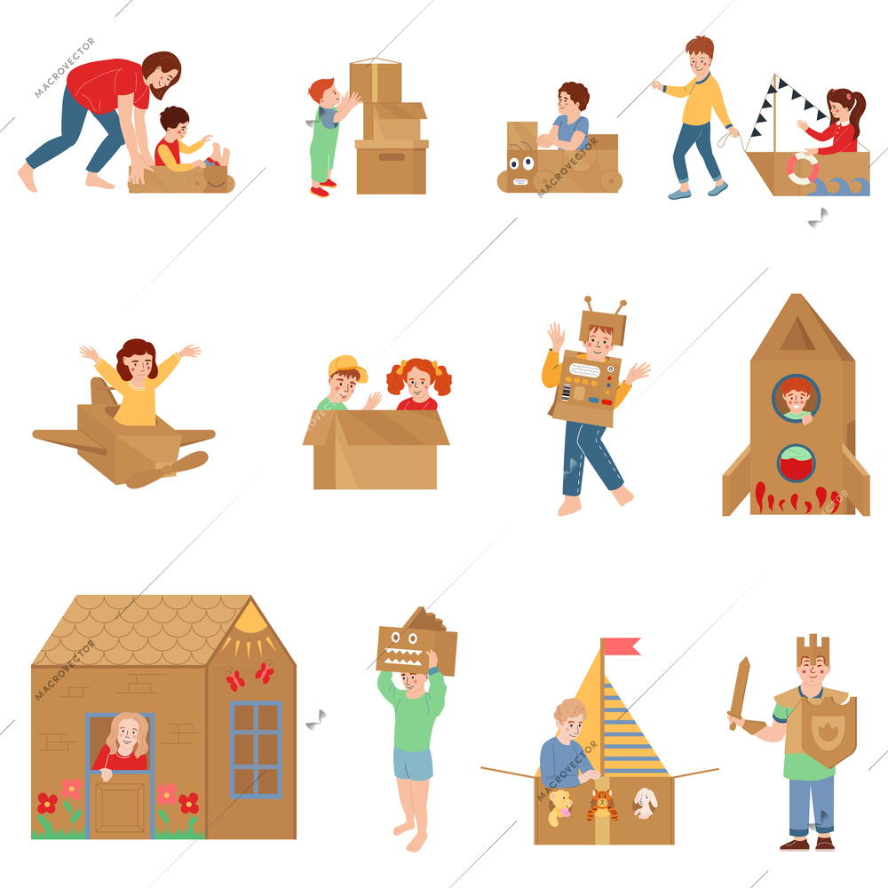 Cardboard box flat icons set with kids playing handmade toys isolated vector illustration