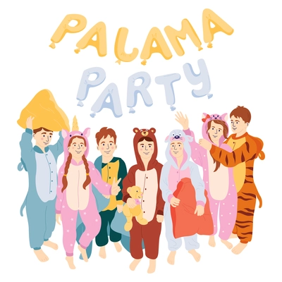 Pajama party flat concept with kids in colored kigurumi jumpsuits vector illustration