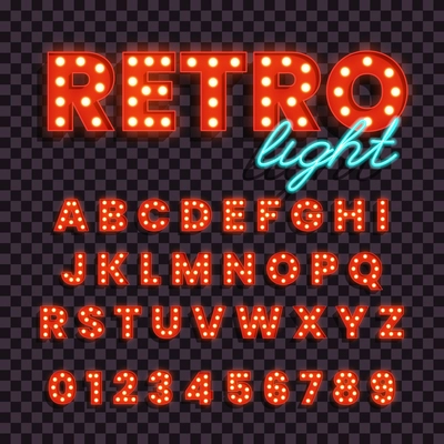 Fairground latin alphabet with light bulbs in retro style on transparent background realistic vector illustration