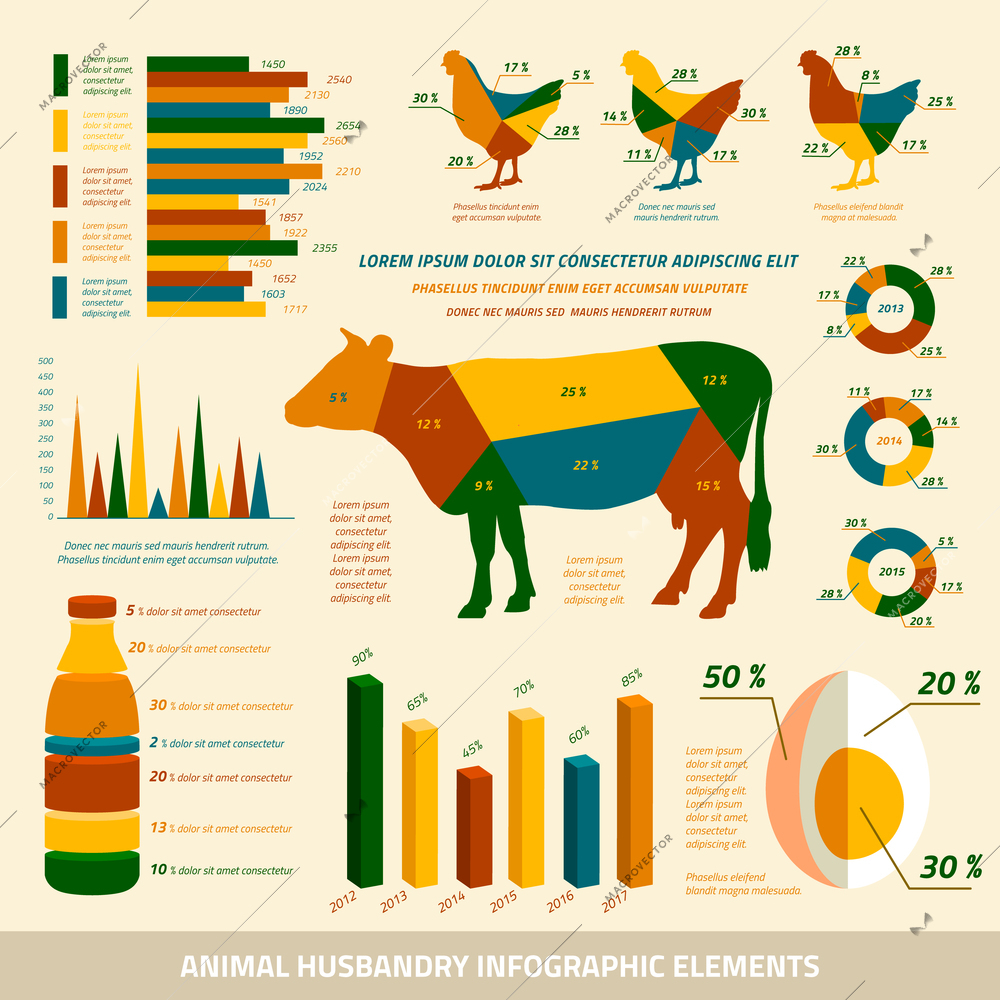 Animal husbandry infographics flat design elements of livestock and chickens vector illustration