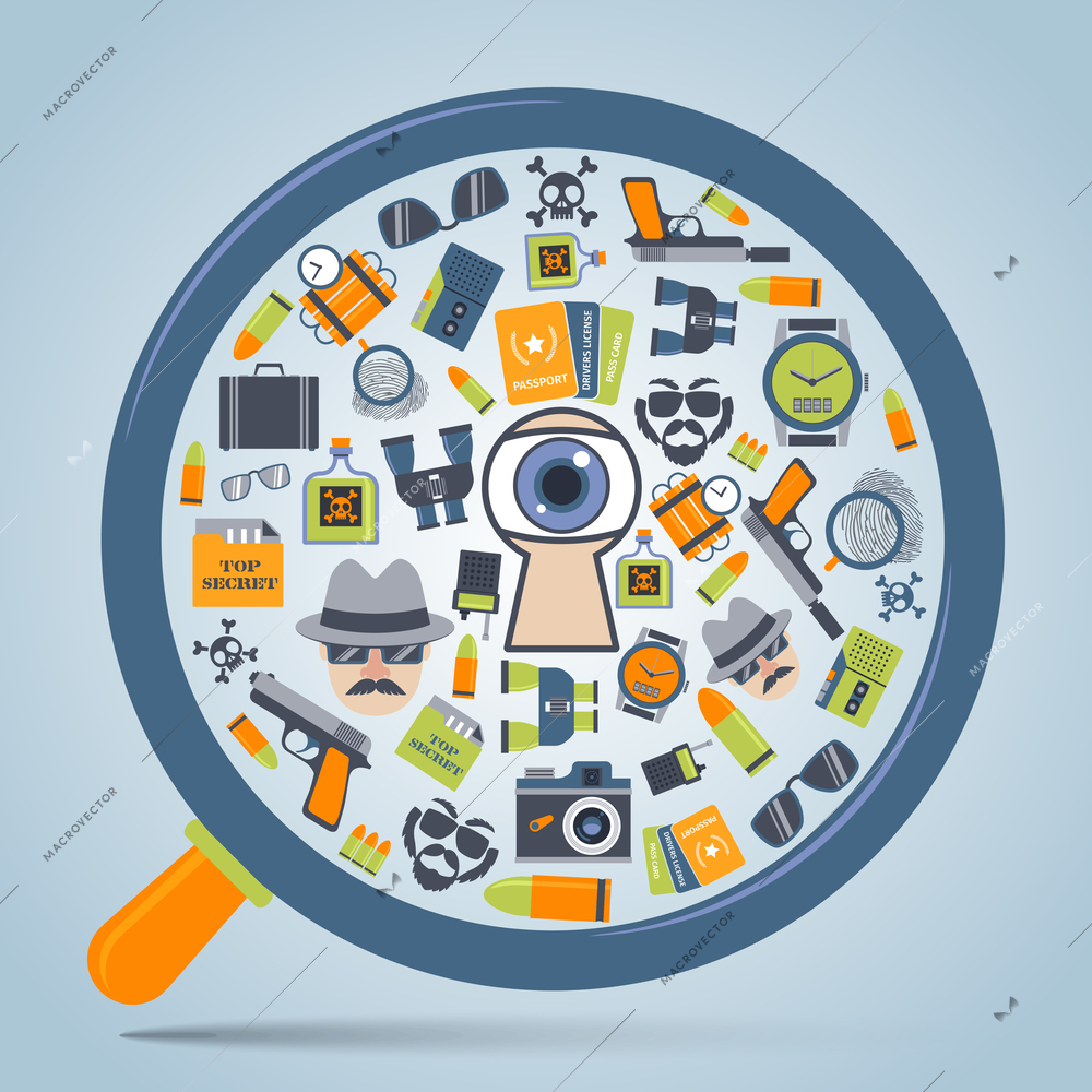 Spy secret service gadgets concept in magnifier glass form with camera icon poster print abstract vector illustration